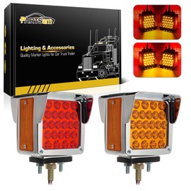 Partsam Pair Truck Trailer 52 LED Red/Amber Square Double Face Pedestal Fender Stop Turn Tail Lights Three Stud Mount Bezel Visor Waterproof Replacement for Peterbilt/Kenworth/Freightliner Trucks