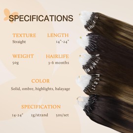 DOORES Microlink Hair Extensions, Balayage Natural Black to Chestnut Brown, 60 cm, 50 g/50s, Invisible MicroBead Human Hair Extensions for Women, Real Human Hair Extensions