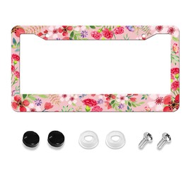 Pink Floral Flowers License Plate Frame, Car Accessories with 2 Holes and Screws, Auto Front or Back Tag Fits US Standard License Plates 12x6 Inch