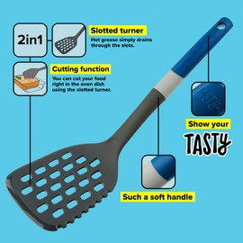 Tasty Slotted Turner with Cutting Function - Ideal for Roasting and Turning, Plastic Handle, Cutting Edge, for Non-Stick Pans, 34 x 9.5 cm, Grey/Blue