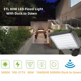 Dusk to Dawn 80W Outdoor LED Flood Light with 1/2" Knuckle Mount (Plate Included), 5000K 10400LM 100-277V, ETL Waterproof LED Security Flood Lighting for Sign/Flagpole/Tree/Yards/Advertising Boards