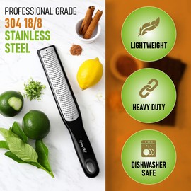 Spring Chef Spring Chef Premium Lemon Zester Grater with Handle - Fruits, Garlic, Chocolate, Nutmeg, Ginger Grater - Heavy Duty Kitchen Tool - Stainless Steel Citrus Zester with Blade Cover - Fine Shred, Black