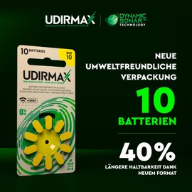 100 Hörgerätebatterien Größe 10 PR70 Udirmax Gelb Dynamic Sonar Technologie