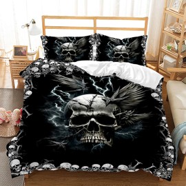 AILONEN Boys Skull Duvet Cover Set Queen Size, 3 Pieces Goth Bedding Set for Boys Men Teen,Gothic Comforter Cover Set,Lightning Skeleton Terror Skull Black Queen Quilt Cover with 2 Pillowcases