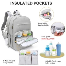 JustBaby Luv 3 in 1 Luxe Leather Diaper Bag Backpack - Ultimate Baby Bag with 21 Pockets, Charging Port, Changing Pad, Pacifier Case, Stroller Straps - Stylish, Waterproof, Unisex (31L Grey)