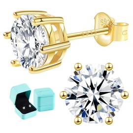 Moissanite Lab Created Diamond Earrings 1.0ctw-3.0ctw Solitaire Studs, D Color VVS1, Hypoallergenic 925 Sterling Silver, 14K White Gold Plated, Friction Back - Gift for Women & Men, Silver 6P