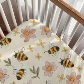 Spring Bee Flowers Leaves Pattern Baby Sheets for Crib, Unisex Cute Bee Prints Nursery Fitted Bed Sheet for Boys Girls Standard Crib and Toddler Mattress-28x52