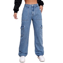 Metietila Women's High Waist Cargo Jeans Elastic Waist Baggy Straight Y2K Pants with Pockets Denim Blue XXL