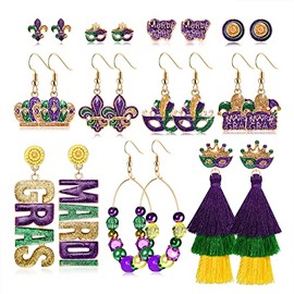NLCAC Mardi Gras Earrings Set Fleur De Lis Mask Stud Earrings Beaded Tassel Dangle Earrings for Women (11 Pairs Set)