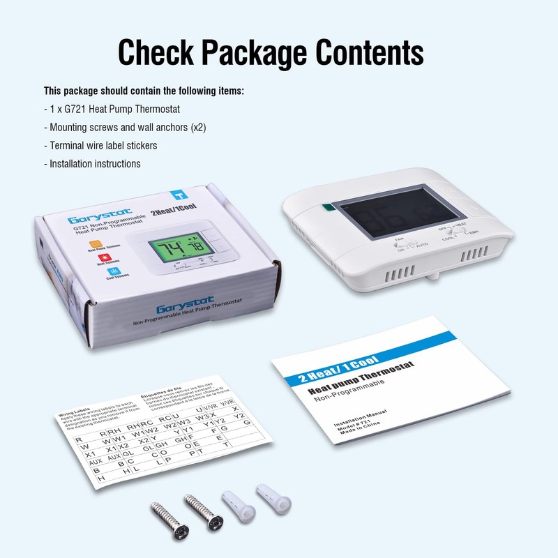 Garystat Non-Programmable Heat Pump Thermostat for House 2 Heat/1 Cool,