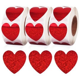 Vuzvuv 1500 Labels Glitter Red Heart Stickers, 1 inch Sparkling Cute Adhesive Heart Stickers for Wedding Anniversaries,Envelopes Seal & Small Business Packaging(3 Rolls 500 pcs per roll)