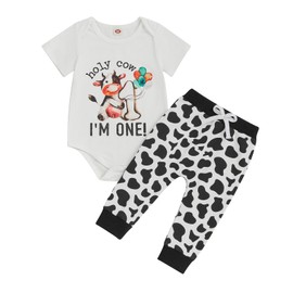 MAHUAOYIXI Infant Baby Boy 1st Birthday Outfits Short Sleeve Letter Print Romper Jumpsuit Bodysuit with Long Pants 2Pcs Sets First Happy Birthday Clothes for Little Boy (White, 12-18 Months)