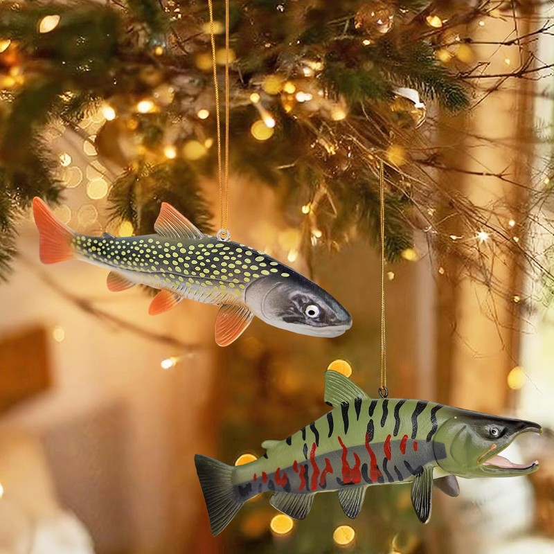 KOJIGIC 3D Brook Trout and Salmon Christmas Tree Ornament Set,