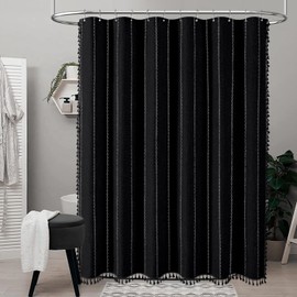 BTTN Boho Farmhouse Shower Curtain, Linen Rustic Weighted Striped Fabric Shower Curtain Set with Tassel, Water Repellent, Bohemian Vintage Country Shower Curtains for Bathroom, Black and White, 72x72