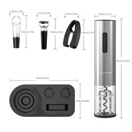 Rechargeable Electric Wine Opener Set, Automatic One-Touch Corkscrew with Aluminum Alloy Design, Includes Foil Cutter & Charging Base, Gift for Wine Lovers (Silver)