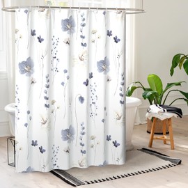 QiyI Watercolor Floral Shower Curtain, Flowers Print Minimalist Bathroom Curtain, Machine Washable Spring Modern Shower Curtains, Waterproof Fabric Shower Curtain Set with Hooks, 72 x 72, Grey
