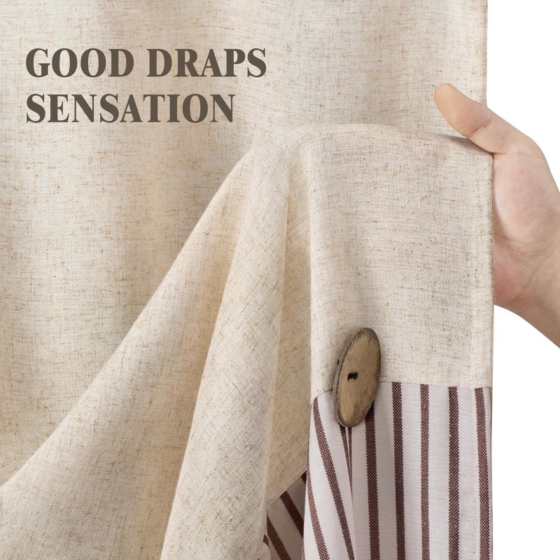 XOGUIBO Farmhouse Shower Curtain Linen Beige Button Woven Fabric Country
