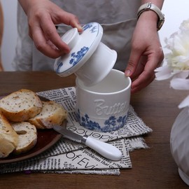 Butter Crock for Counter with Water, Ceramic French Butter Crock with lid for Countertop, Dishwasher&Oven Safe, Keeps Butter Soft&Spreadable, Blue and White, 6.7 OZ