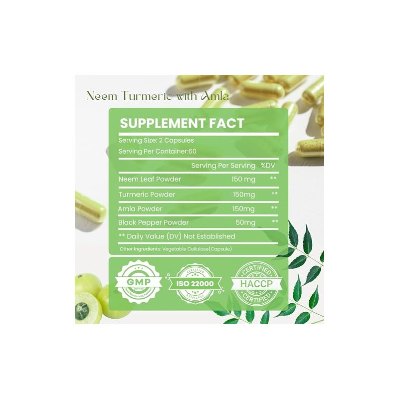 Neem Turmeric Capsules with Amla and Black Pepper 120 Veg