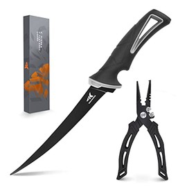KastKing Fishing Pliers with Fillet Knife, 6" Split Ring Nose Plier and 7" Fillet Knife,Black
