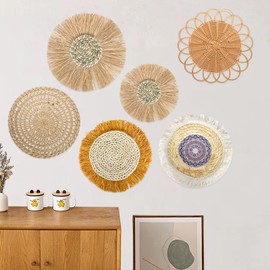 6-Piece Rattan Wall Decoration Round, Boho Wall Basket Decor, Natural Woven Flat Baskets, Wicker Baskets, Hanging Woven Wall Basket Decor, Woven Wall Hanging Basket for Bathroom, Bedroom, Living Room