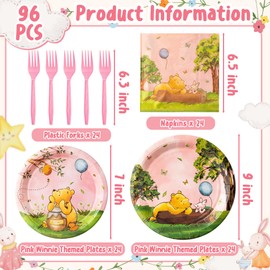 Z1juce Pink Winnie Party Tableware - 96PCS Pink Winnie Themed Party Plates Napkins and Forks Complete Disposable Set Serve 24 Guests Dinnerware for Baby Shower Girl’s Birthday Parties Supplies