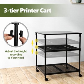 Giantex Printer Stand, 3-Tier Industrial Printer Cart with Lockable Wheels, Adjustable Shelves, Metal Frame, Mobile Under Desk Shelf for Home Office, Printer Table Fit Fax Machine, Scanner (Black)
