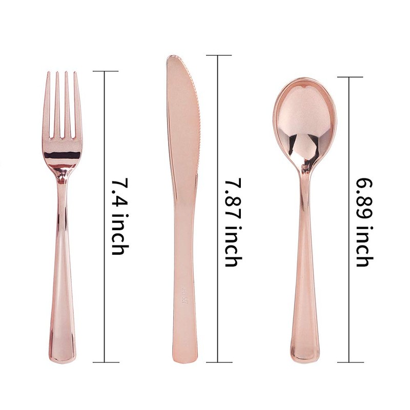 WDF 300 Pieces Rose Gold Plastic Silverware- Disposable Flatware Set