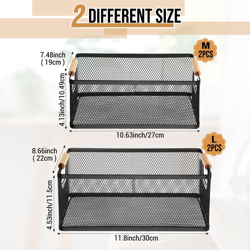 Rtteri 4 Pack Black Metal Wire Basket with Wood Handle