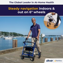 Drive Medical Aluminum Rollator Walker Fold Up and Removable Back Support, Padded Seat, 6" Wheels, Blue,R726BL