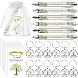 PIAOPIAONIU 48 PCS Family Reunion Favors Family Tree Keychains Bulk Ballpoint Pen Green Card Organza Bags Family Gathering Party Heart Tree Keyrings for Home Family Reunion Party Souvenir Gifts