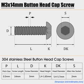 M3x14mm Button Head Screws, 75Pcs M3-0.5x14mm Button Head Socket Cap Screw Blots,304 Stainless Steel Machine Blot,Allen Socket Drive,Full Thread,Bright Finish,Quantity 75