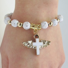 12 Pcs Angel Wing Cross Bracelet with Decorated Organza Favor Bags for Boy and Girl - Baptism Favor/Christening Favor