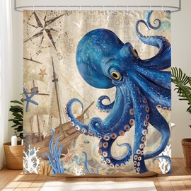 Dazzlewall Octopus Shower Curtain Retro Nautical Themed Bathroom Curtain Sea Kraken Bathroom Decor Waterproof Polyester Fabric with 12 Hooks 72×72 in
