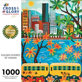 Cross & Glory - Golden Shores of Waikiki - 1000 Piece Jigsaw Puzzle for Adults | Best New Honolulu Artwork Puzzle | Unique Hawaiian Island Challenge