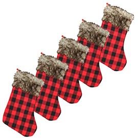 Iconikal Fur Cuff 18-Inch Christmas Stocking, Red Buffalo Plaid, 5-Pack