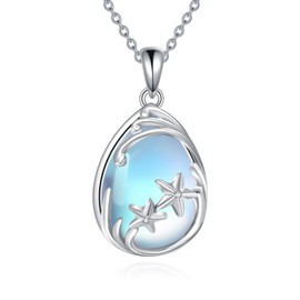 VENACOLY Starfish Necklace S925 Sterling Silver Wave Starstone Pendant Moonstone Stone Fish Necklaces Ocean Jewellery for Women Lovers, No Gemstone