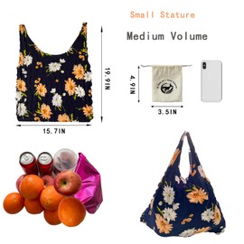 Reusable Scalable Tote Grocery Bags,Eco-Friendly Foldable Shopping Bags with Storage Pouch,Perfect for Sustainable Shoppers-Black Flower