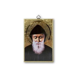 Fratelli Bonella Picture Saint on Poplar MDF Wood 8 mm with Mosaic Made of Gold Foil by San Charbel with Prayer on the Back 10 x 15 cm Made in Italy