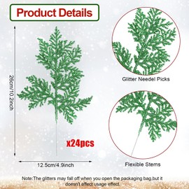 FOIMAS 24pcs Artificial Pine Needles Glitter Christmas Floral Picks Branches Fake Floral Twig Picks Sprays for Christmas Tree Wreaths Floral Arrangement Home Holiday Decor,Green