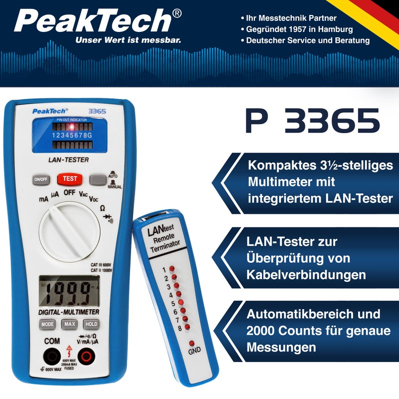 PeakTech 3365 – LAN Tester & Digital Multimeter, Netzwerkprüfgerät, Spannungsprüfer,