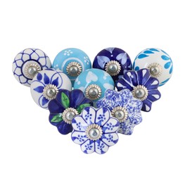 VMS CRAFTS Ceramic Door Knobs Pack of 10 Blue/White Antique Hand Painted Boho Design, Dresser, Drawer Furniture Decorative, Kitchen Handles, Ceramic Cabinet Knobs