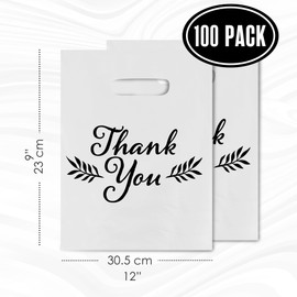 Thank You Bags, Merchandise Bags, Thank You Plastic Bag, For Boutique, Retail, Shopping, Gift, Small Business, Customers, Product, Vendor, Store, Events, With Handles, White, 9” x 12”, Bulk 100 Pack
