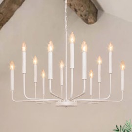 Rviezza French Country Chandelier, 12-Light White Farmhouse Chandeliers for Dining Room, Classic Candle Ceiling Pendant Light Fixture for Living Room, Foyer, Kitchen Island, Bedroom, Entryway
