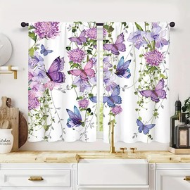 Famiffty Purple Butterfly Window Curtains 26W X 36L Inches 2 Panels Rod Pocket Spring Floral Lavender Curtains Lilac Summer Leaves Plant Girly Window Drapes Treatment Living Room Bedroom Home Decor