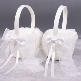 2 Pack White Flower Girl Basket Wedding Basket for Flower Girls Cute Satin Flower Girl Basket