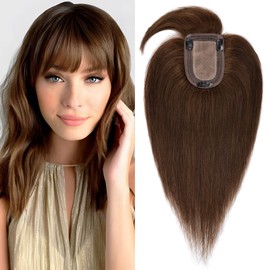 SEGO Hair Toppers for Women Real Human Hair with Thinning Hair, Toppers Hair with Bangs Clip in Toppers Straight 150% Density Silk Base -18 Inch #4 Medium Brown