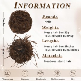 HMD 2PCS Messy Hair Bun Hair Piece Tousled Updo Messy Bun Messy Curly Hair Bun Extensions Synthetic for Women Messy Donut Updo Chignons Hair Piece for Daily Wear