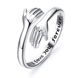 Kakonia 925 Sterling Silver Hug Ring for Women Adjustable Hugging Hands Open Love Promise Friendship Ring