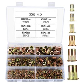 Rivet Nuts Assortment, 220 Pieces Rivet Nuts Set, M3 M4 M5 M6 M8 M10 Round Flat Head Thread Rivet Nutsert Cap Nuts, Pull Rivet Nut Blind Rivet Nuts for Metal Plates, Pipes etc